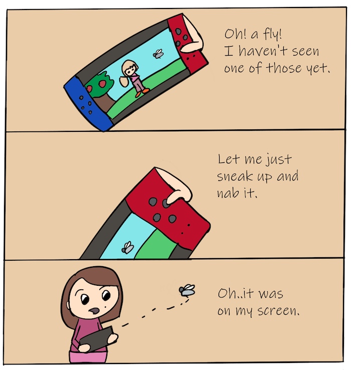 First panel shows Animal Crossing New Horizons being played on the Nintendo Switch with a fly on screen. Text says "Oh! a fly! I haven't seen one of those yet."
Next panel shows villager sneaking up on fly. Text reads, "Let me just sneak up and nab it."
Third panel shows Magenta holding switch and a fly flying away from Switch. Text reads, "Oh. it was on my screen."