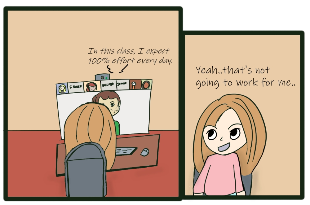The first panel shows Bug in an online class when the  instructor says, "In this class, I expect 100% effort every day." The next panel shows Bug saying, "Yeah. That's not going to work for me."