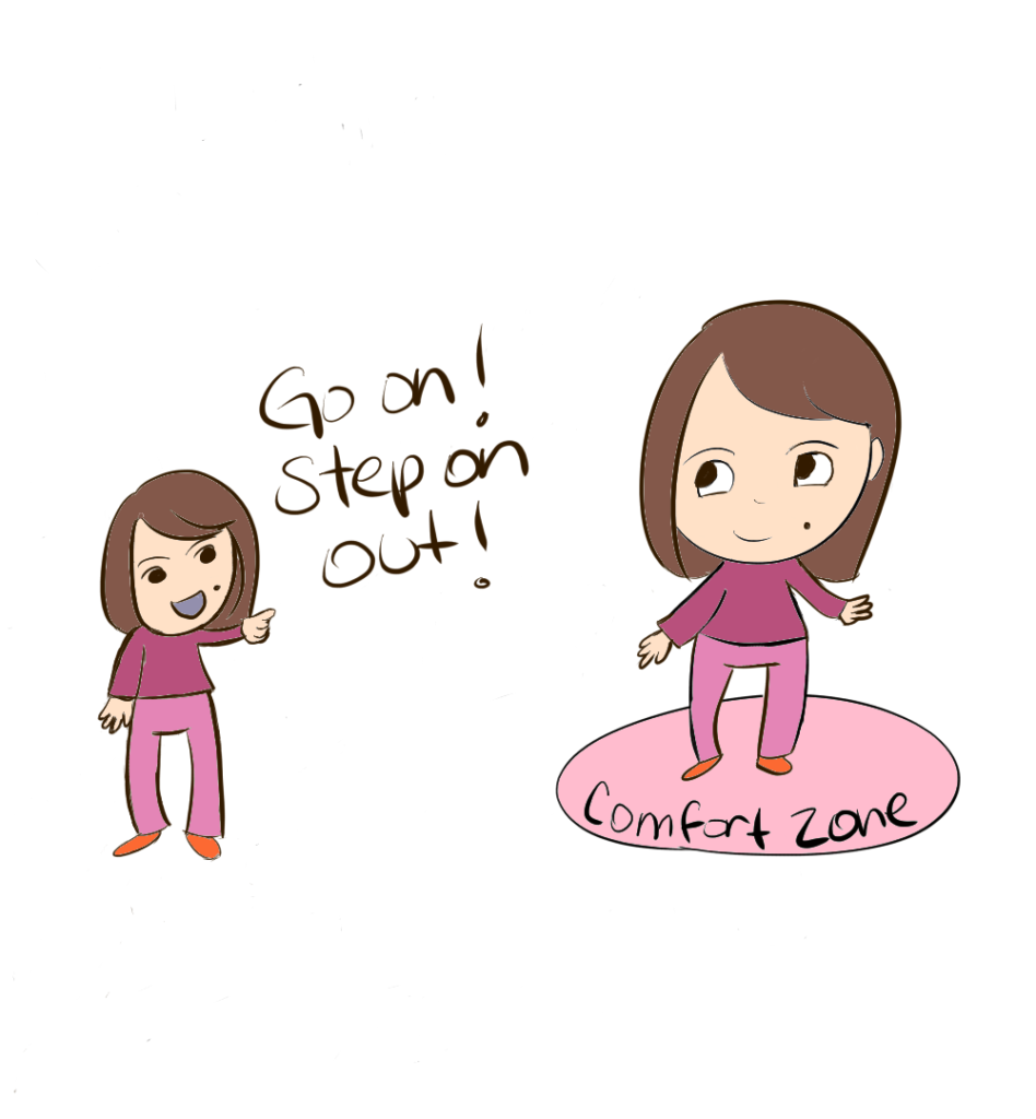 Magenta is standing in a circle that is labeled "comfort zone" while another Magenta says, "Go on. Step on out."